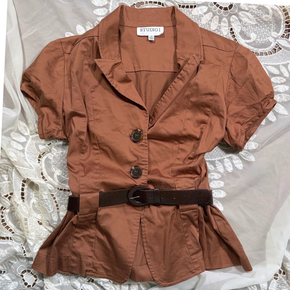 Y2K Office Siren Studio I Rust Brown Short Sleeve Peplum Belted Blouse Top Sz 12